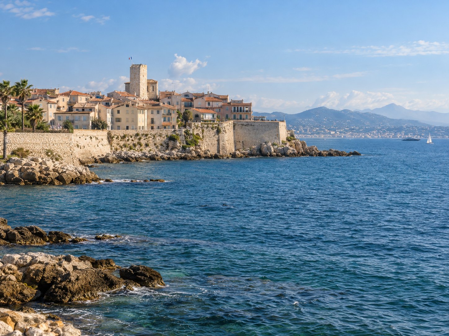Vue sur les remparts et la vieille ville d’Antibes depuis le bord de mer.