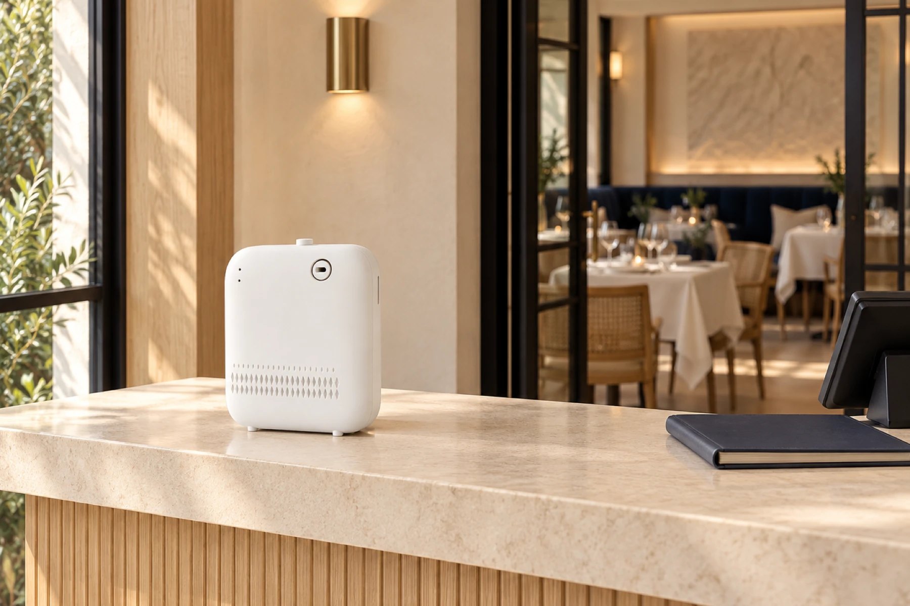 Diffuseur Aura blanc posé sur le comptoir en pierre de l’accueil d’un restaurant, salle dressée en arrière-plan