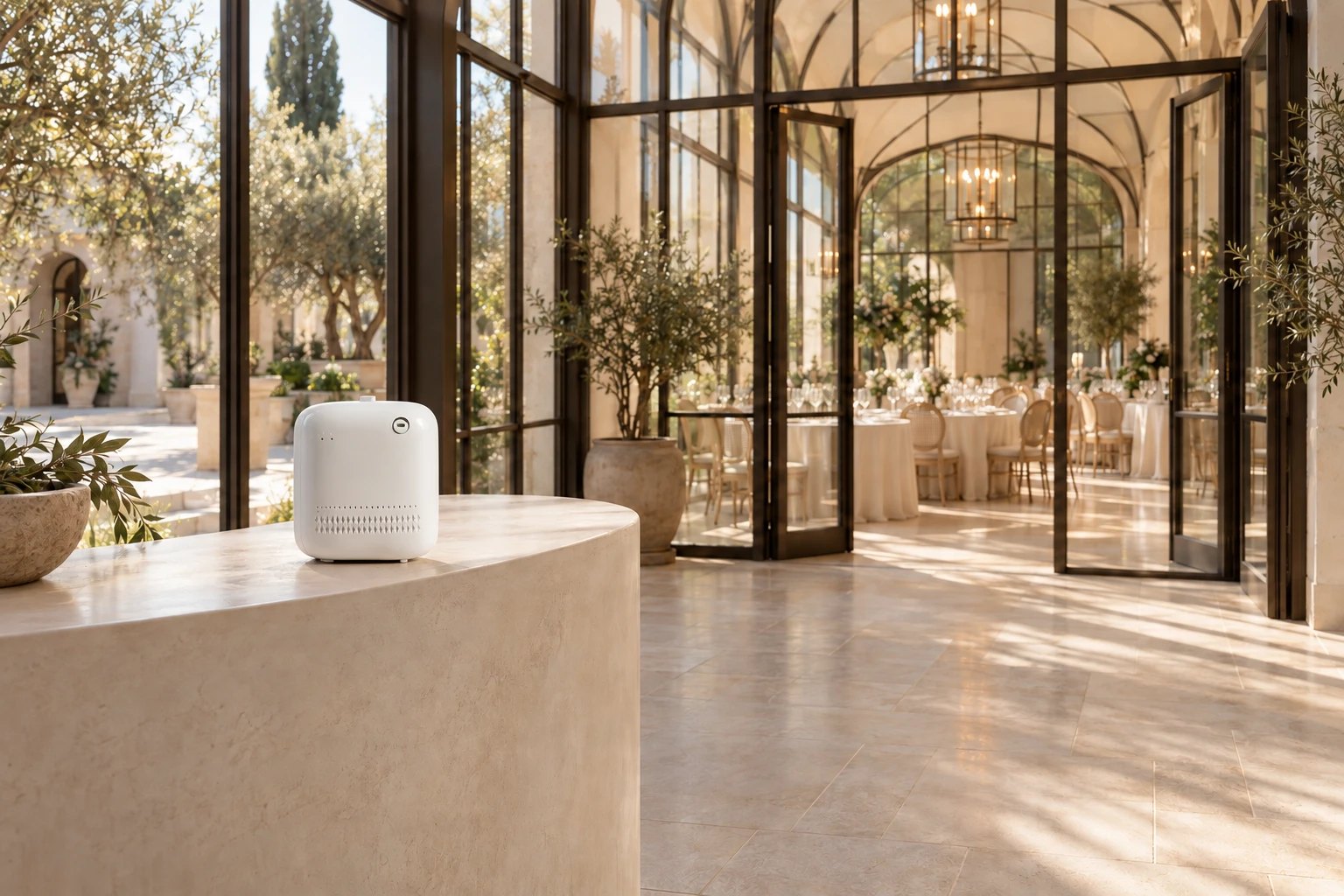 Diffuseur Aura blanc posé sur un comptoir en pierre à l’entrée d’une orangerie, salle de réception dressée en arrière-plan