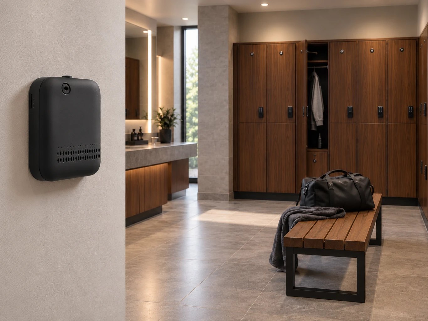 Diffuseur Aura noir fixé au mur d’un vestiaire, casiers en bois et banc en arrière-plan