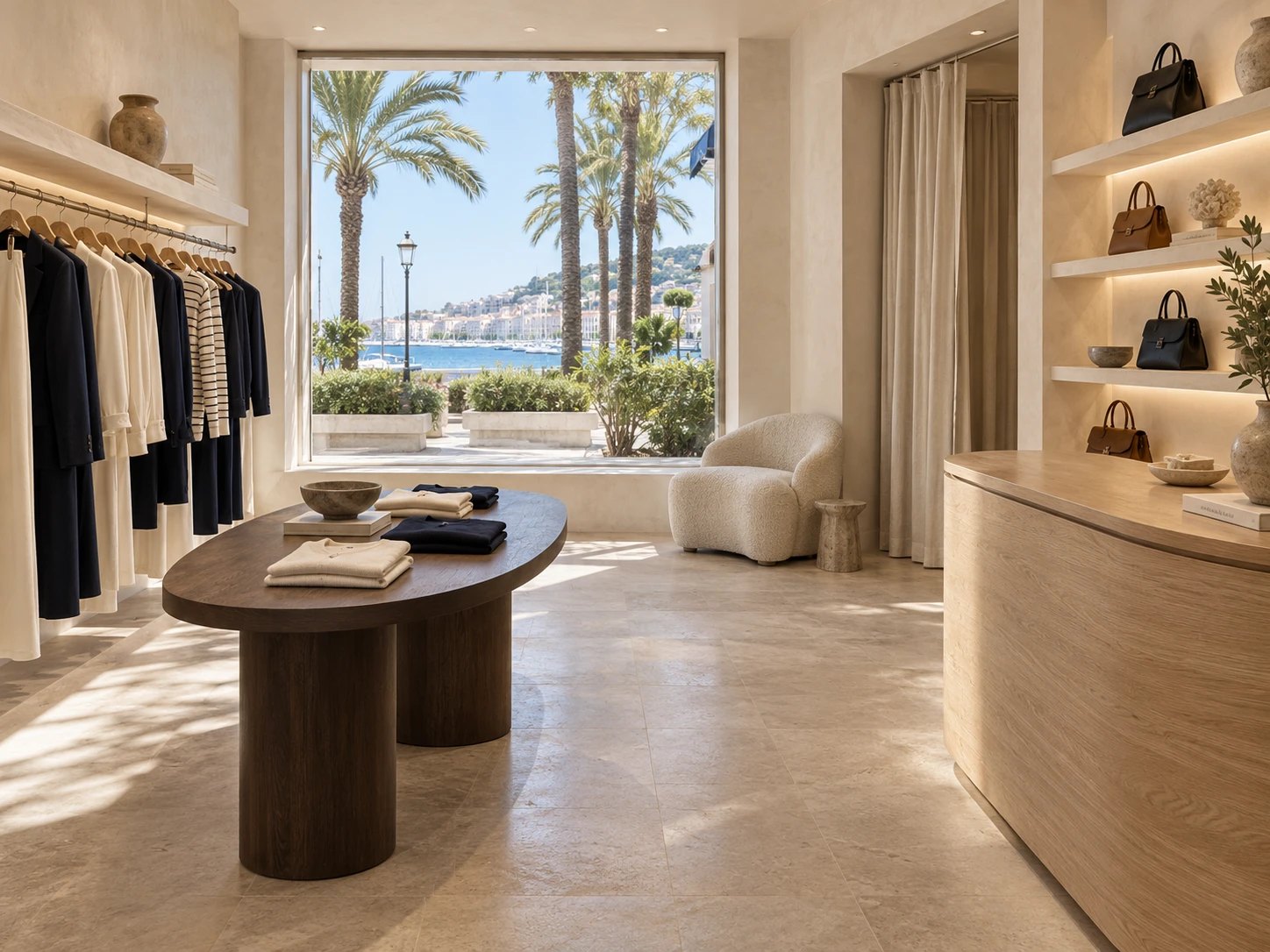 Boutique de prêt-à-porter lumineuse avec portants de vêtements, table en bois et vitrine ouverte sur le port.