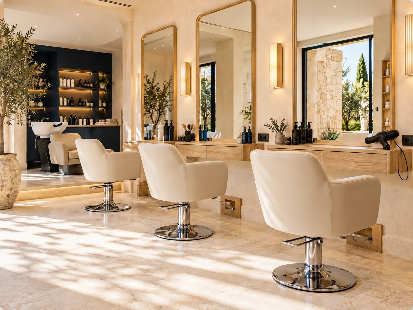 Salon de coiffure lumineux aux fauteuils crème, miroirs dorés et bacs de lavage, sol en pierre claire