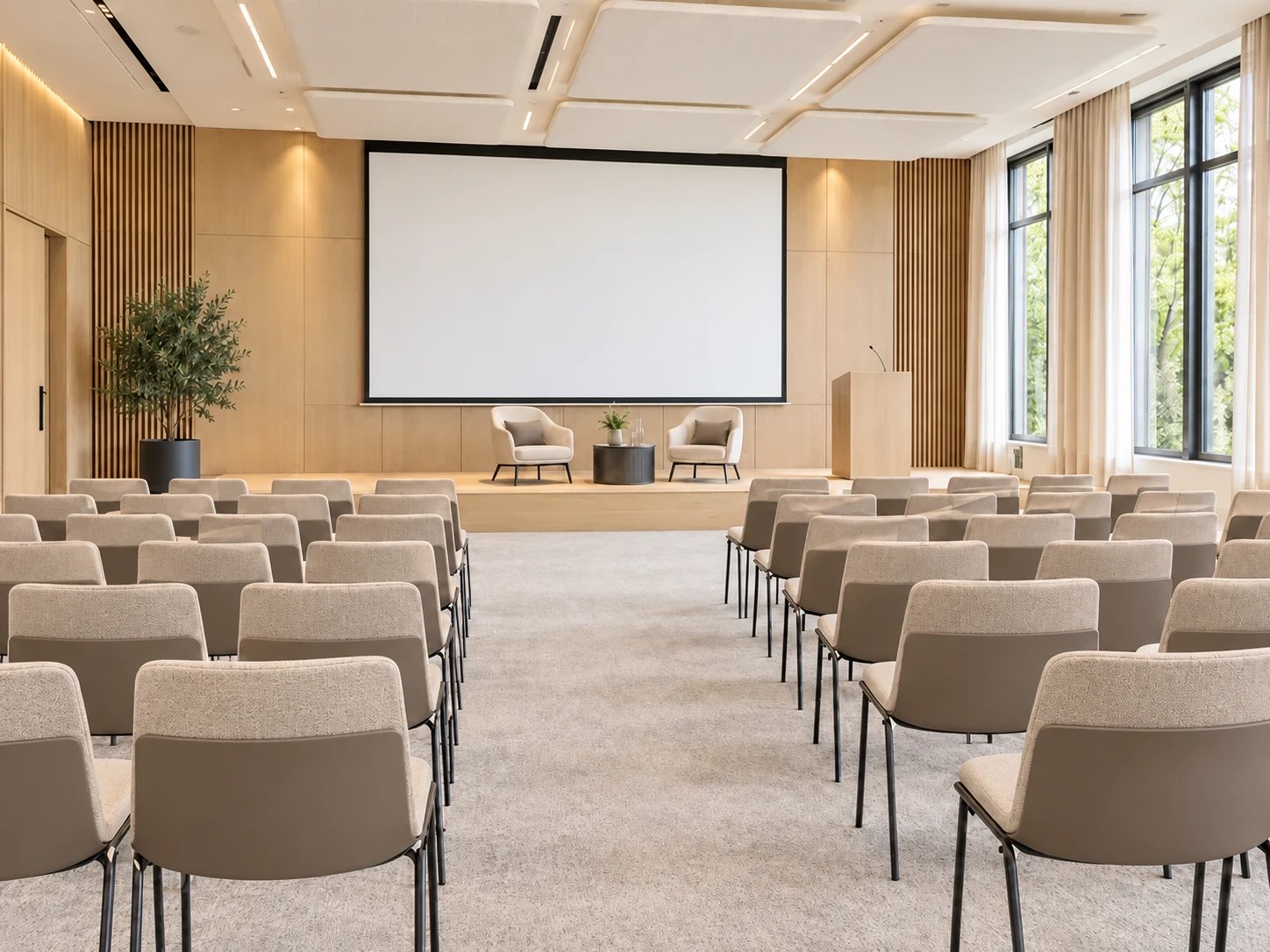 Salle de séminaire aux murs en bois clair, rangées de chaises beige et taupe face à l’estrade, écran de projection et grandes baies vitrées