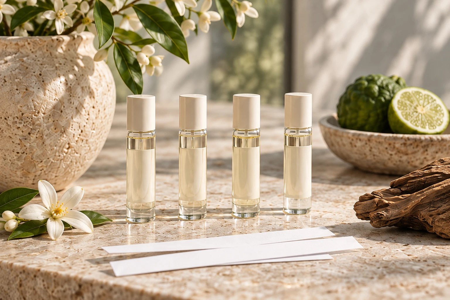 Flacons de parfum et bandelettes pour découvrir les fragrances Alvora Riviera.