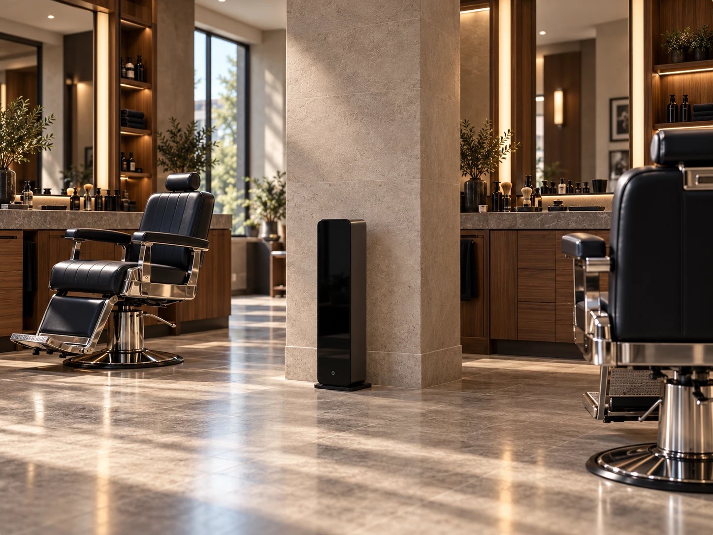Diffuseur Horizon noir posé au sol contre un pilier en pierre, entre deux fauteuils de barbier en cuir noir