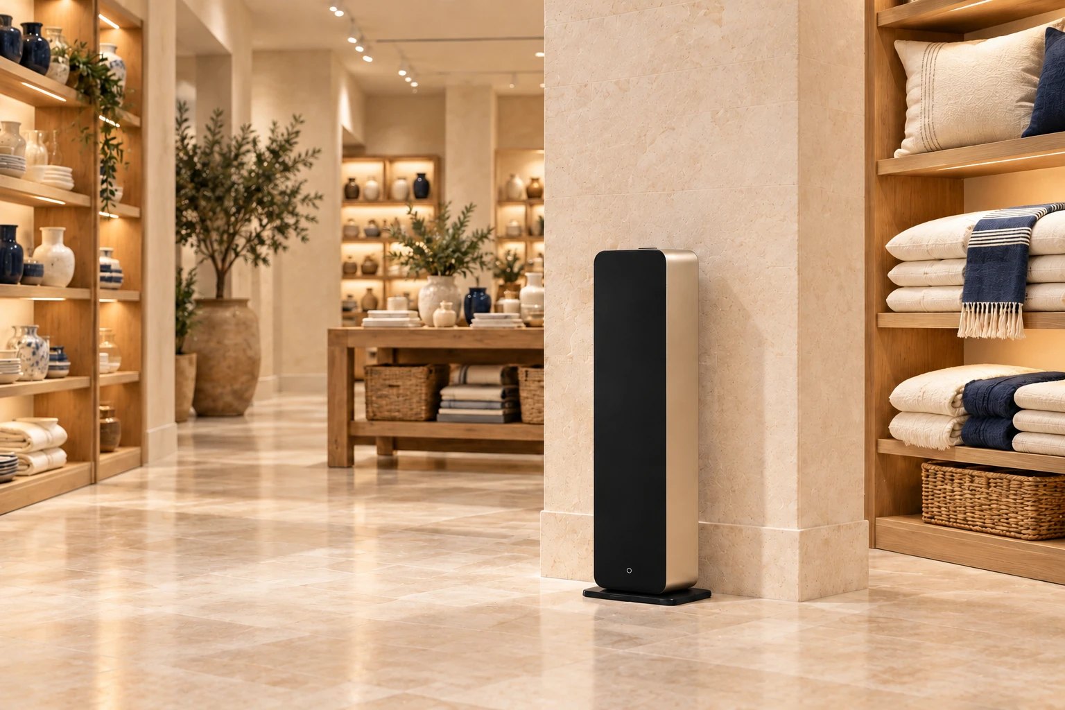 Diffuseur Horizon noir et champagne posé au sol contre un pilier en pierre, dans une boutique de décoration aux étagères en bois