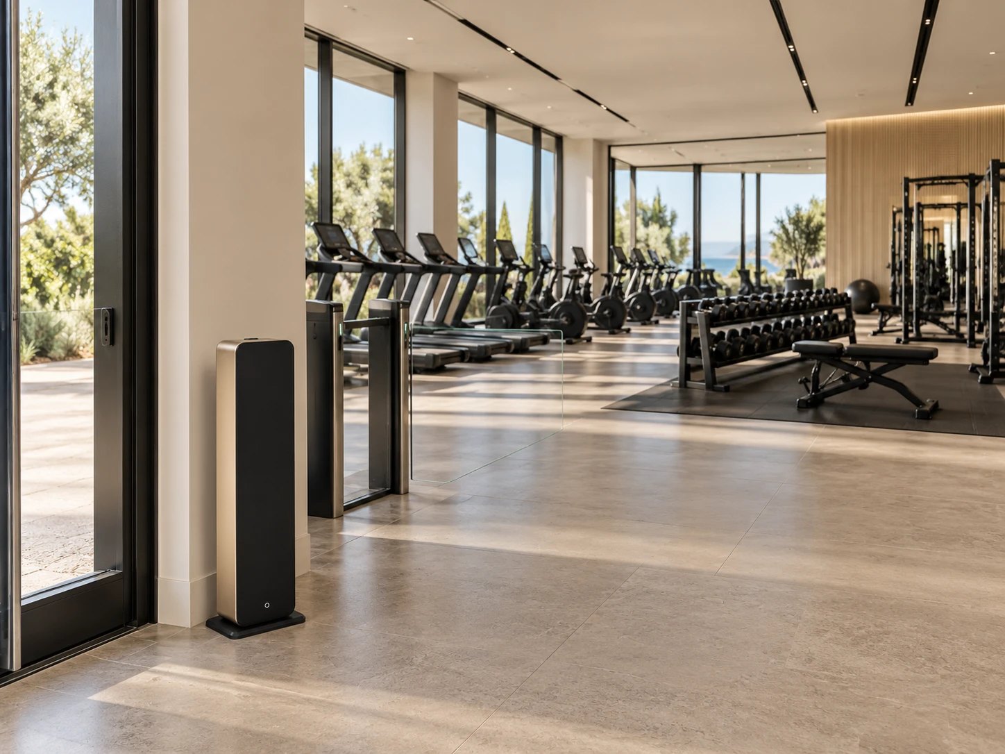Diffuseur Horizon noir et champagne posé au sol à l’entrée d’une salle de sport, appareils de cardio en arrière-plan
