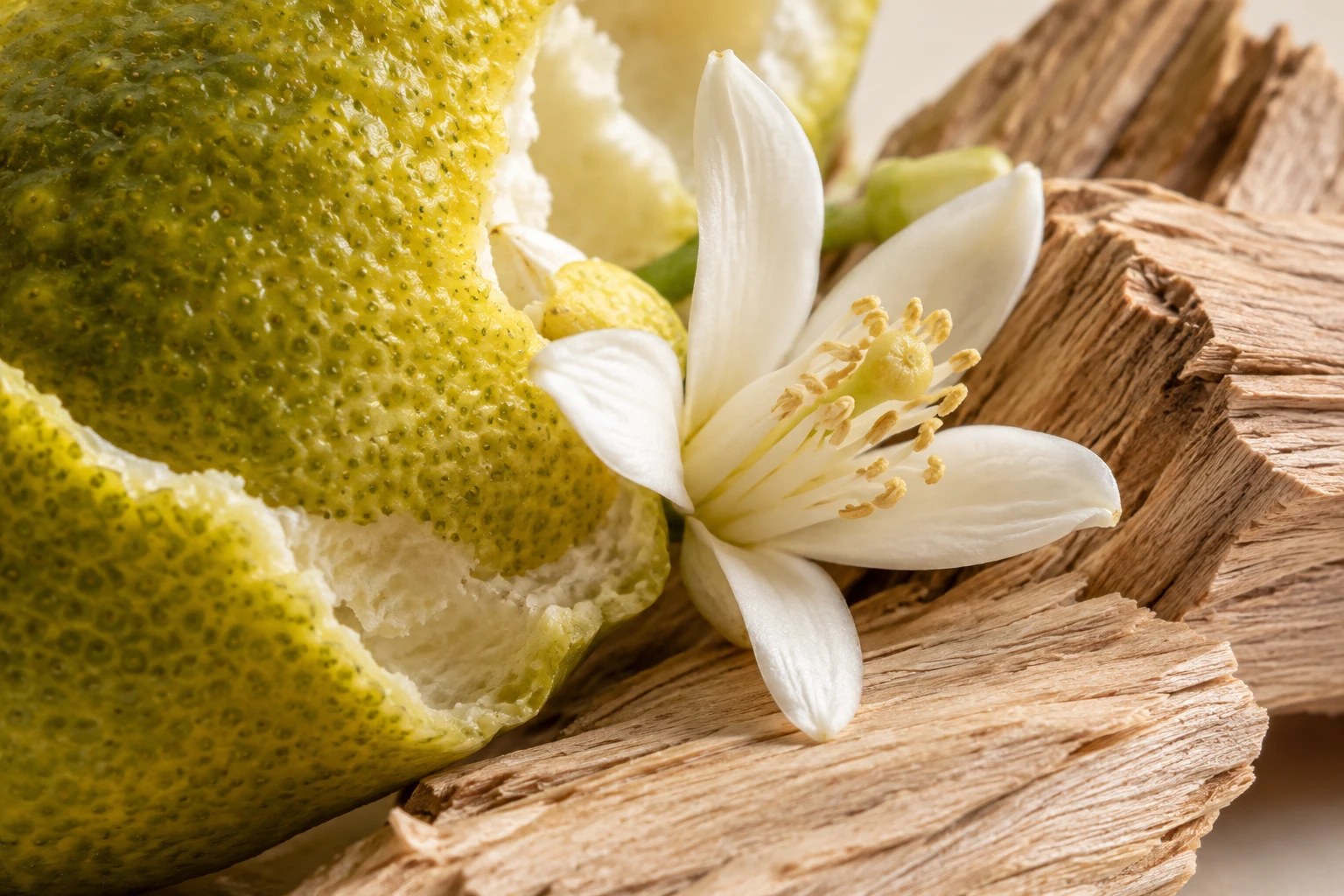 Fleur d’oranger posée sur un morceau de bois clair, à côté d’un agrume vert
