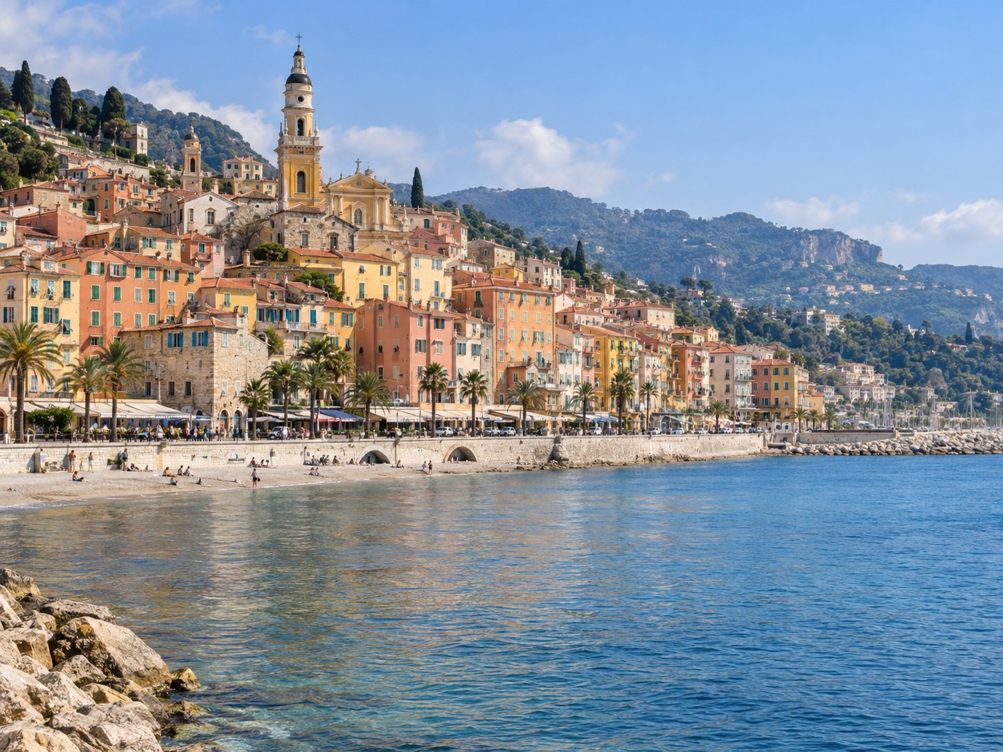 Les façades colorées et le clocher de la vieille ville de Menton face à la mer.