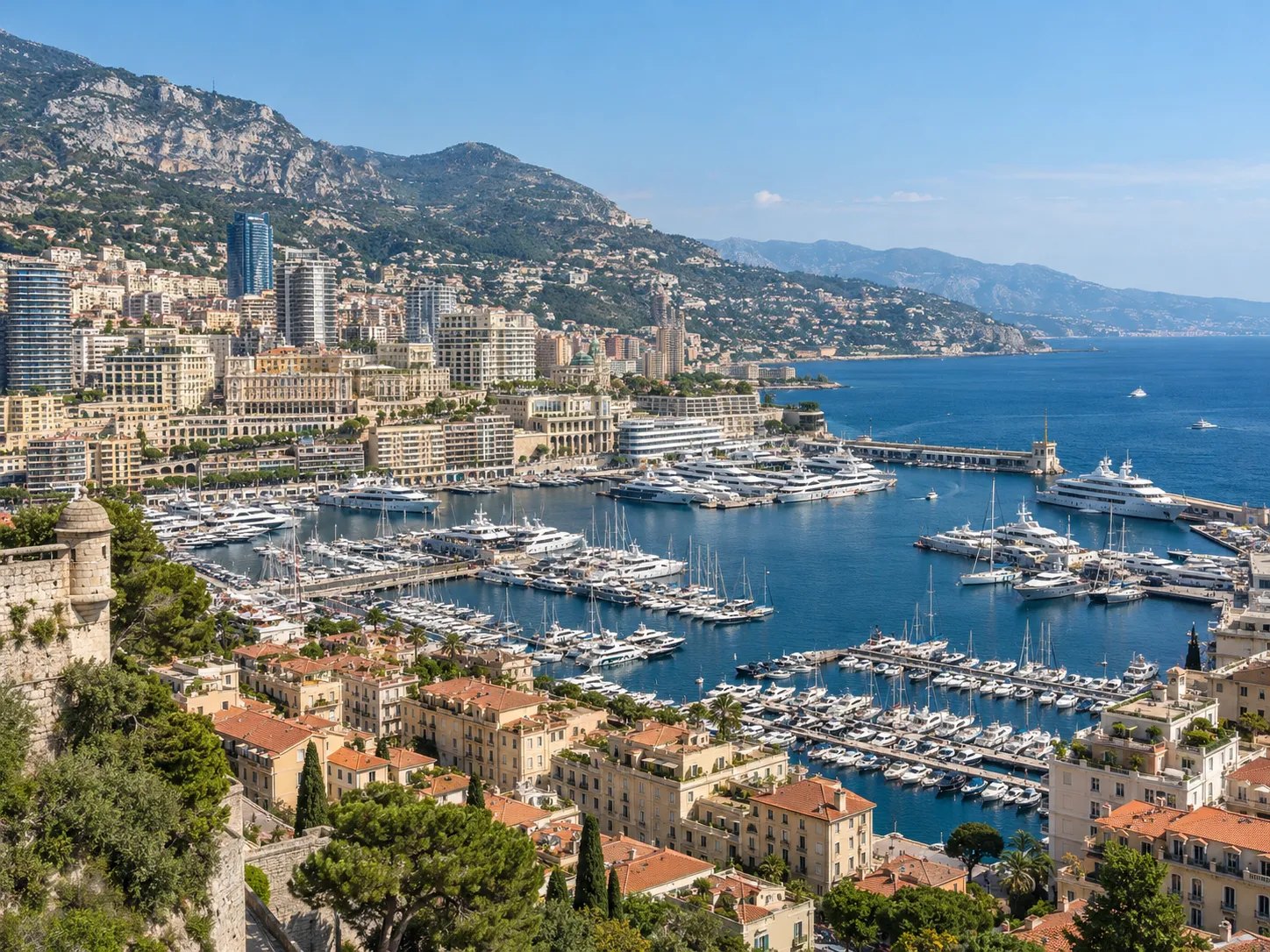 Vue sur le port Hercule de Monaco, ses yachts, les immeubles de Monte-Carlo et le littoral vers l’Italie.