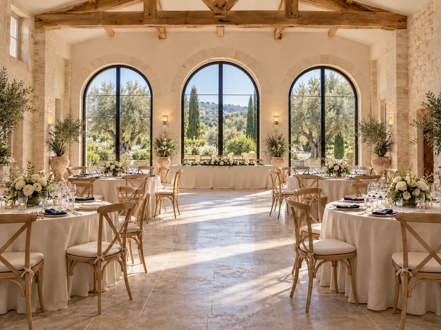 Salle de réception d’un domaine en pierre et poutres, tables rondes dressées en blanc et grandes baies en arc ouvertes sur les oliviers.