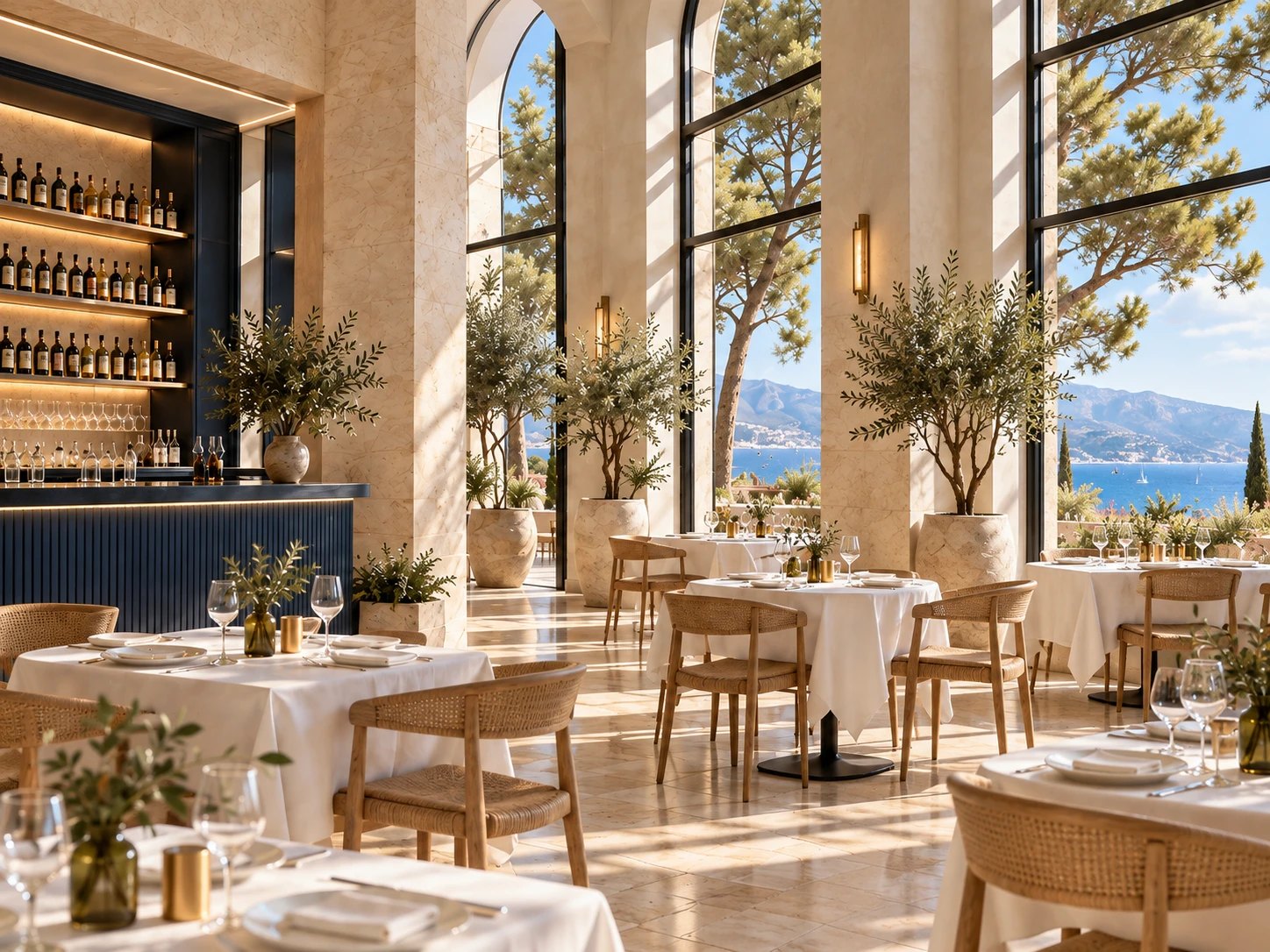 Restaurant lumineux avec bar bleu marine et grandes fenêtres donnant sur la mer.