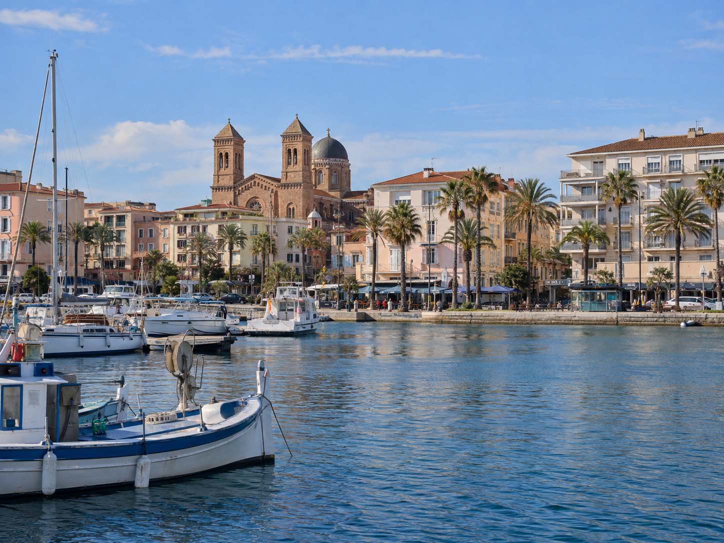 Le Vieux-Port de Saint-Raphaël et la basilique Notre-Dame-de-la-Victoire.