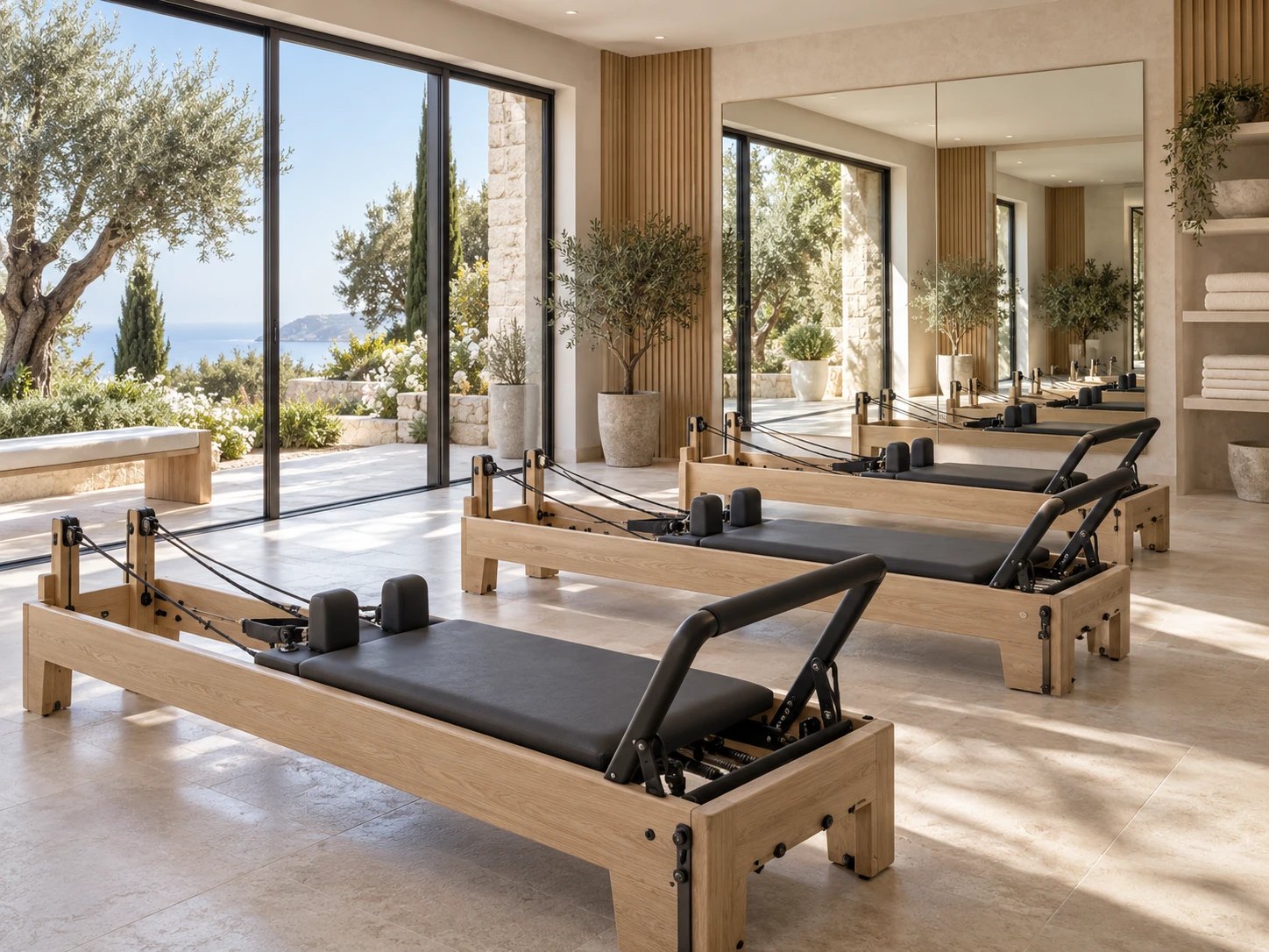 Studio de Pilates lumineux avec appareils reformer en bois, grand miroir et baies vitrées ouvertes sur la mer