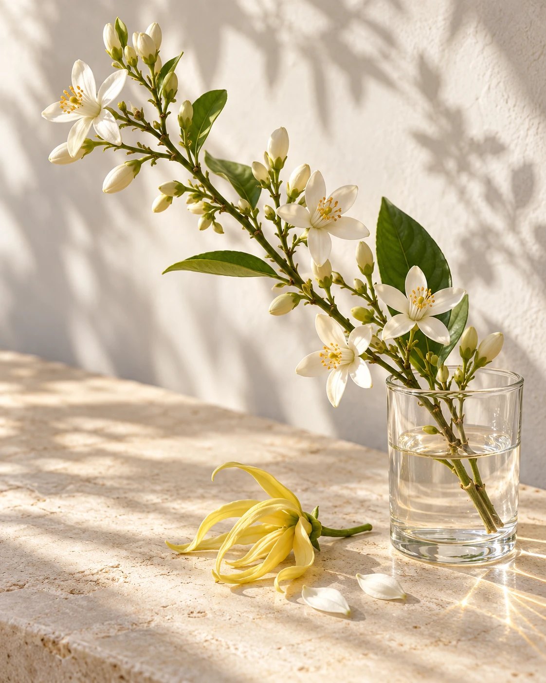 Floraux solaires : fleurs d'oranger et ylang-ylang sur une pierre claire